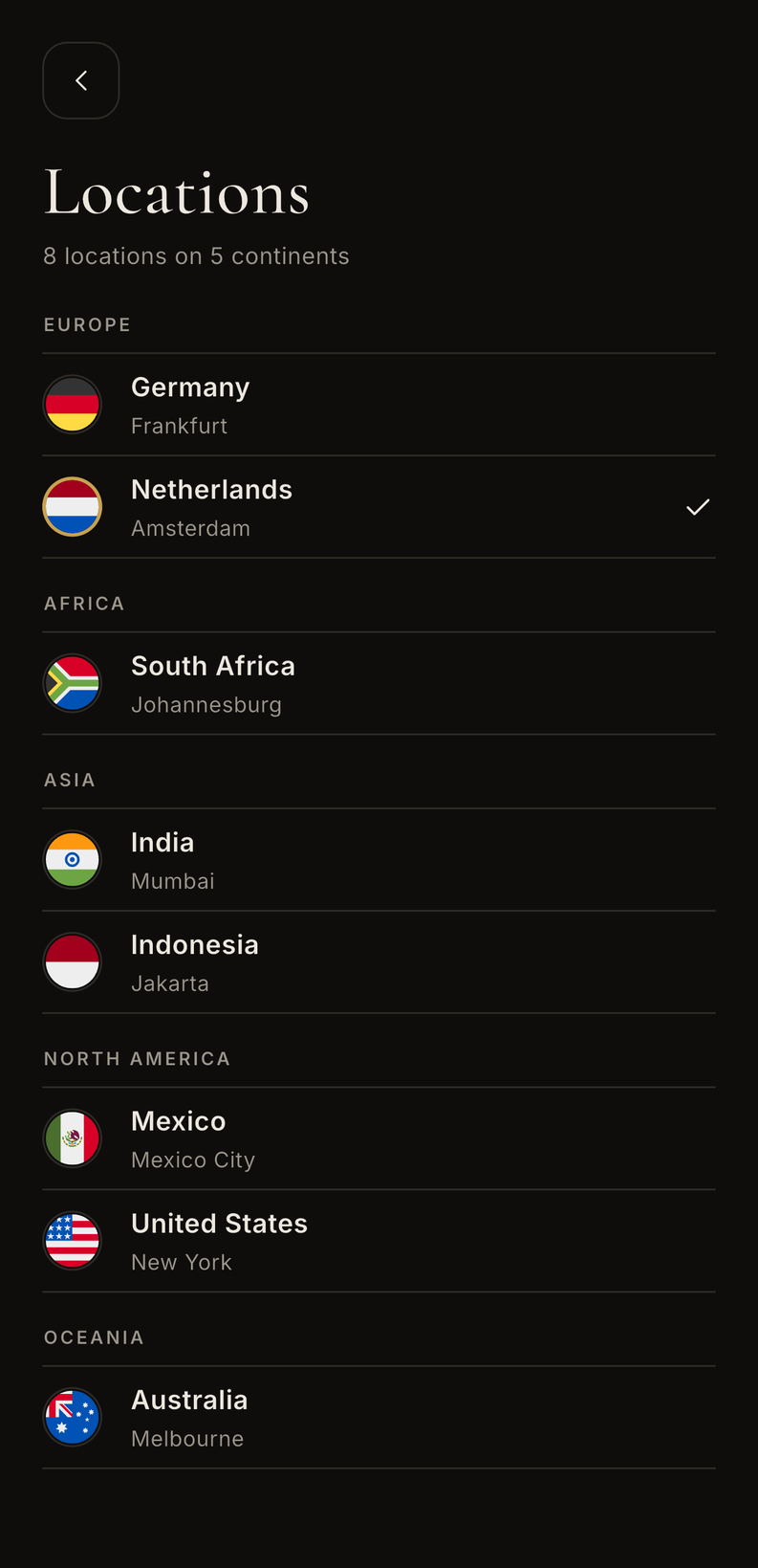The StekVPN locations screen, listing the countries and cities by continent.